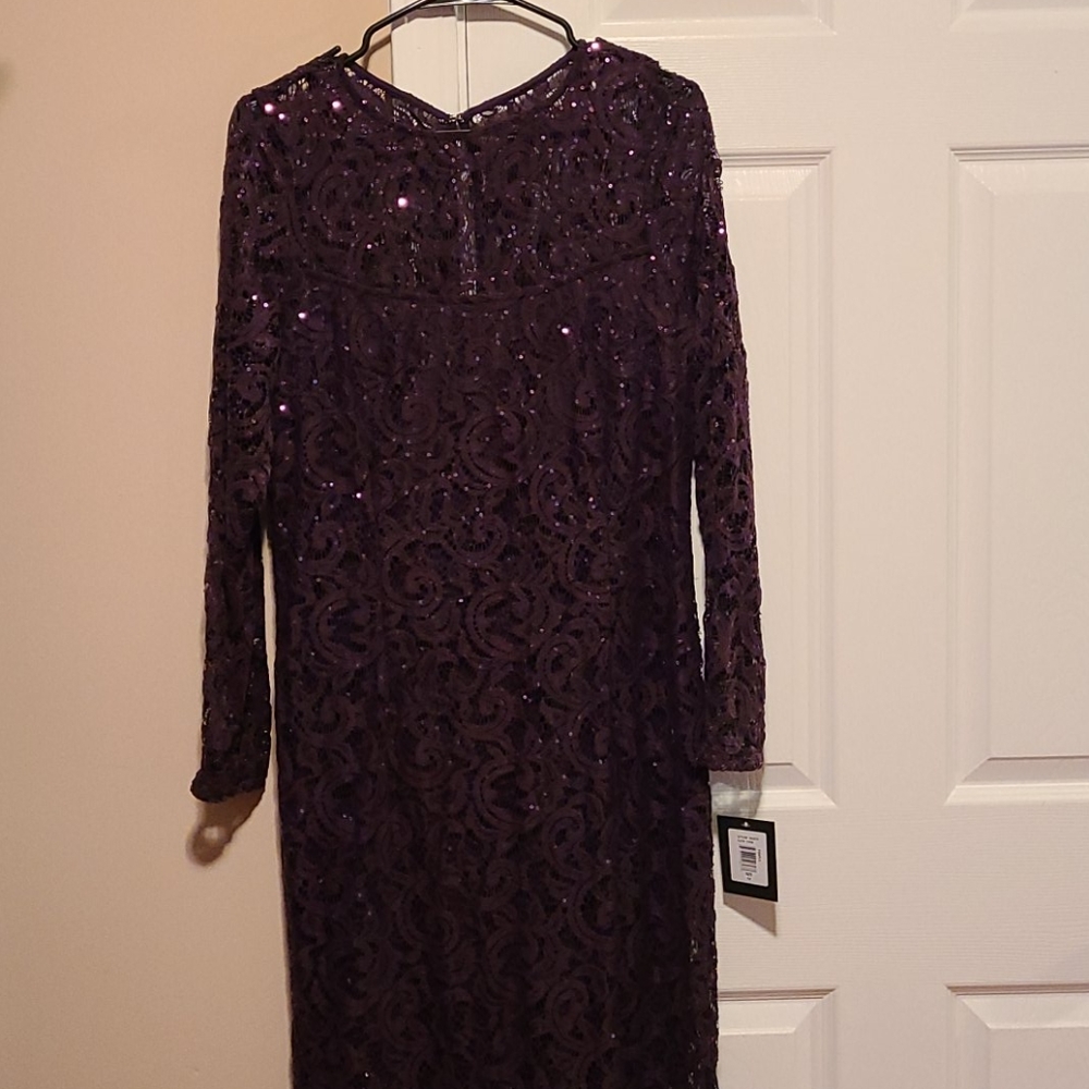 Marina Lace Sequin Long Sleeve Gown Eggplant Sz 14
